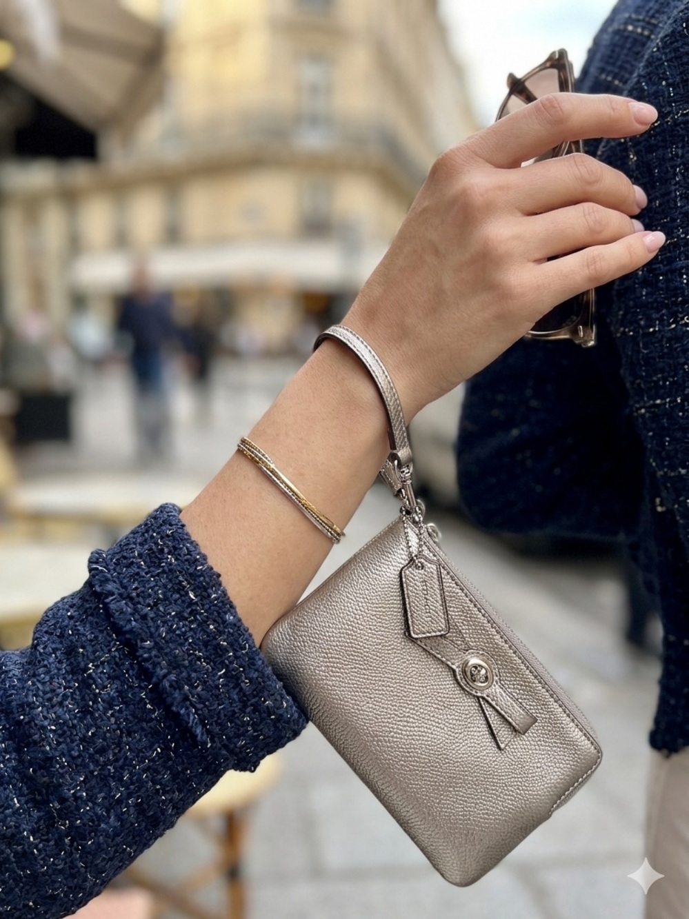 Coach Metallic Silver Leather Wristlet Clutch